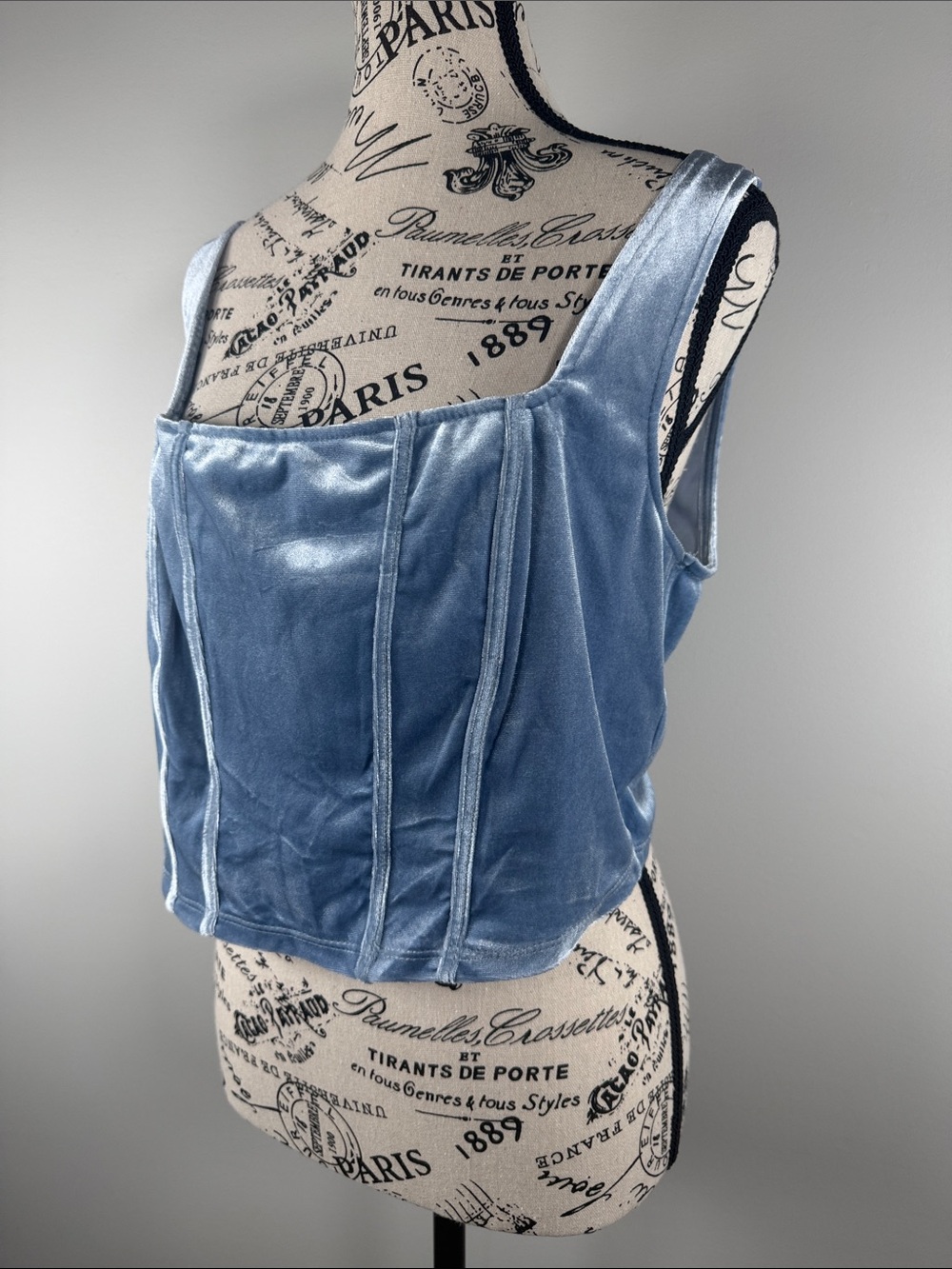 Mauby Blue Velvet Corset-Style Tank Top Square Neck XL Cropped Stretch
